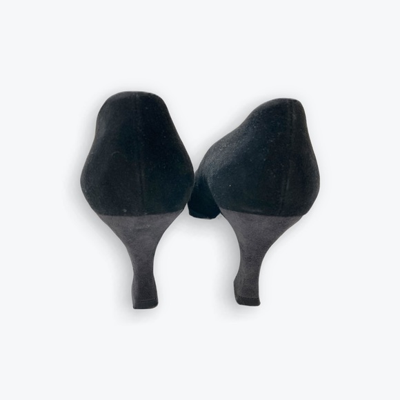 Stuart Weitzman Black and Gray Suede Heels with Gold Embroidered Chain - Picture 6 of 9